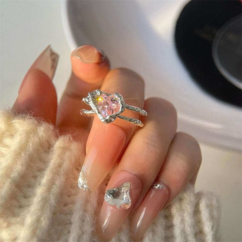 Chic Adjustable Pink Crystal Heart Ring