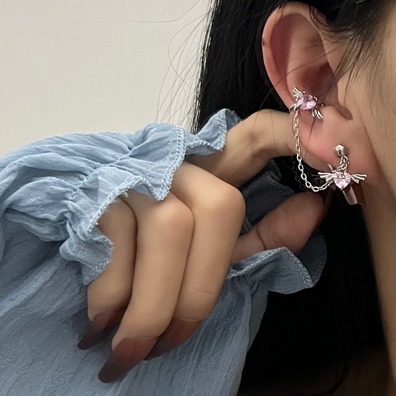 Gorgeous Heart Angel Wings Ear Cuff Stud Chain Earrings
