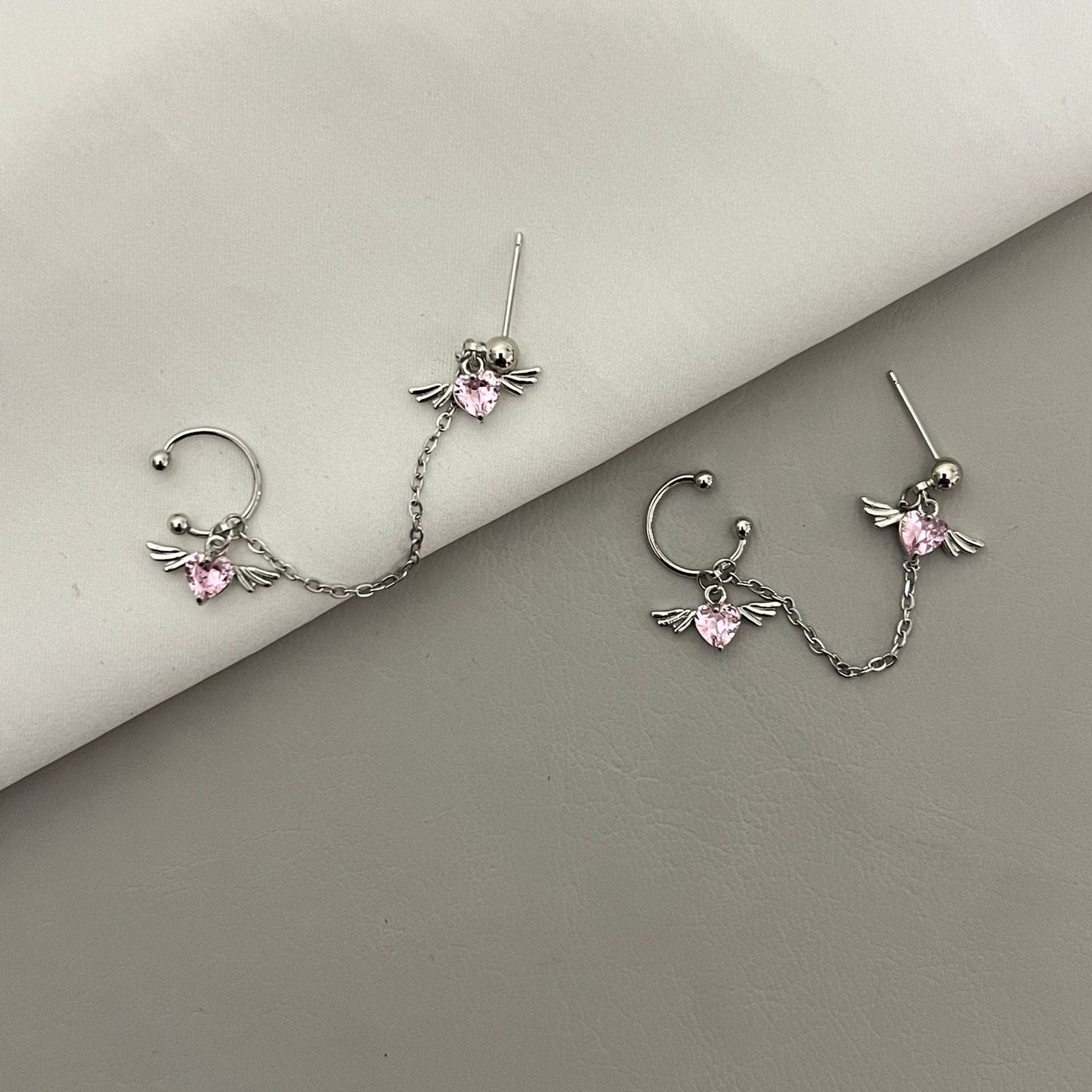 Gorgeous Heart Angel Wings Ear Cuff Stud Chain Earrings
