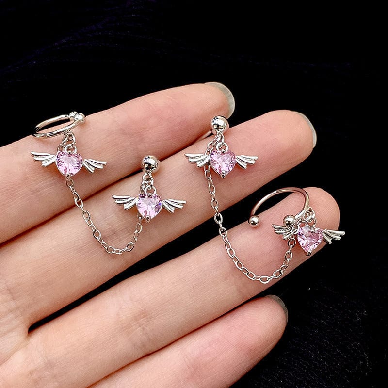 Gorgeous Heart Angel Wings Ear Cuff Stud Chain Earrings