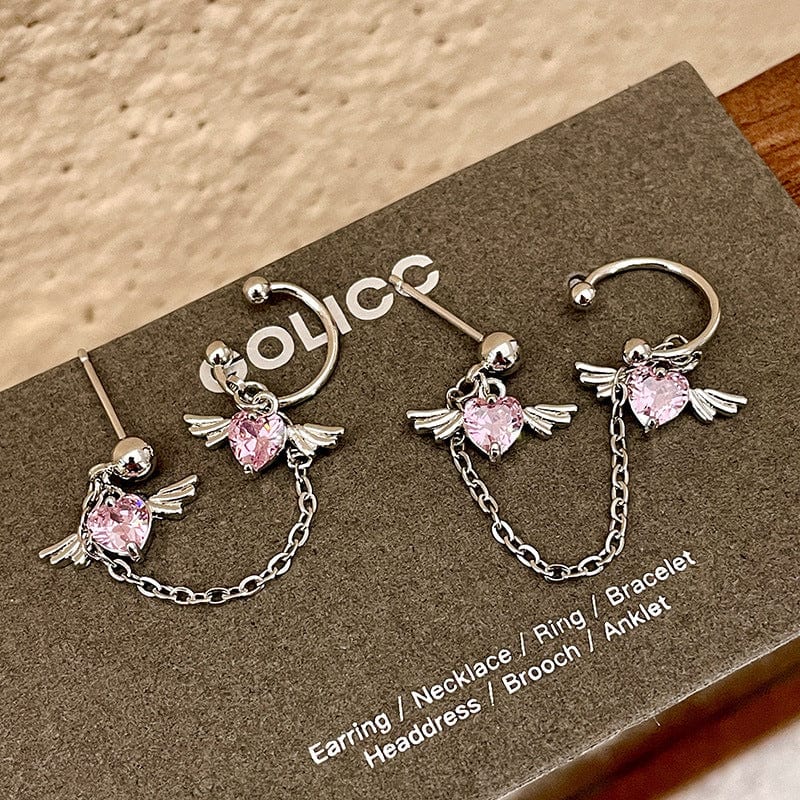 Gorgeous Heart Angel Wings Ear Cuff Stud Chain Earrings