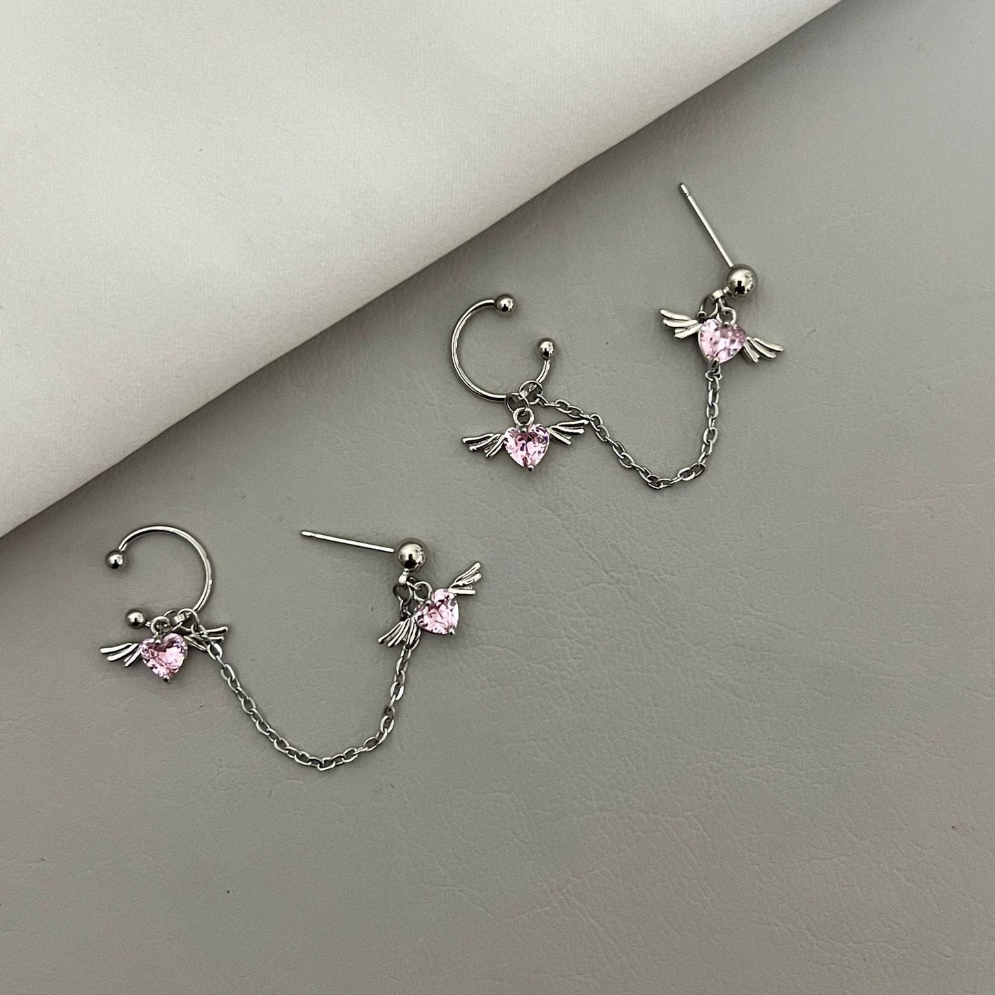 Gorgeous Heart Angel Wings Ear Cuff Stud Chain Earrings