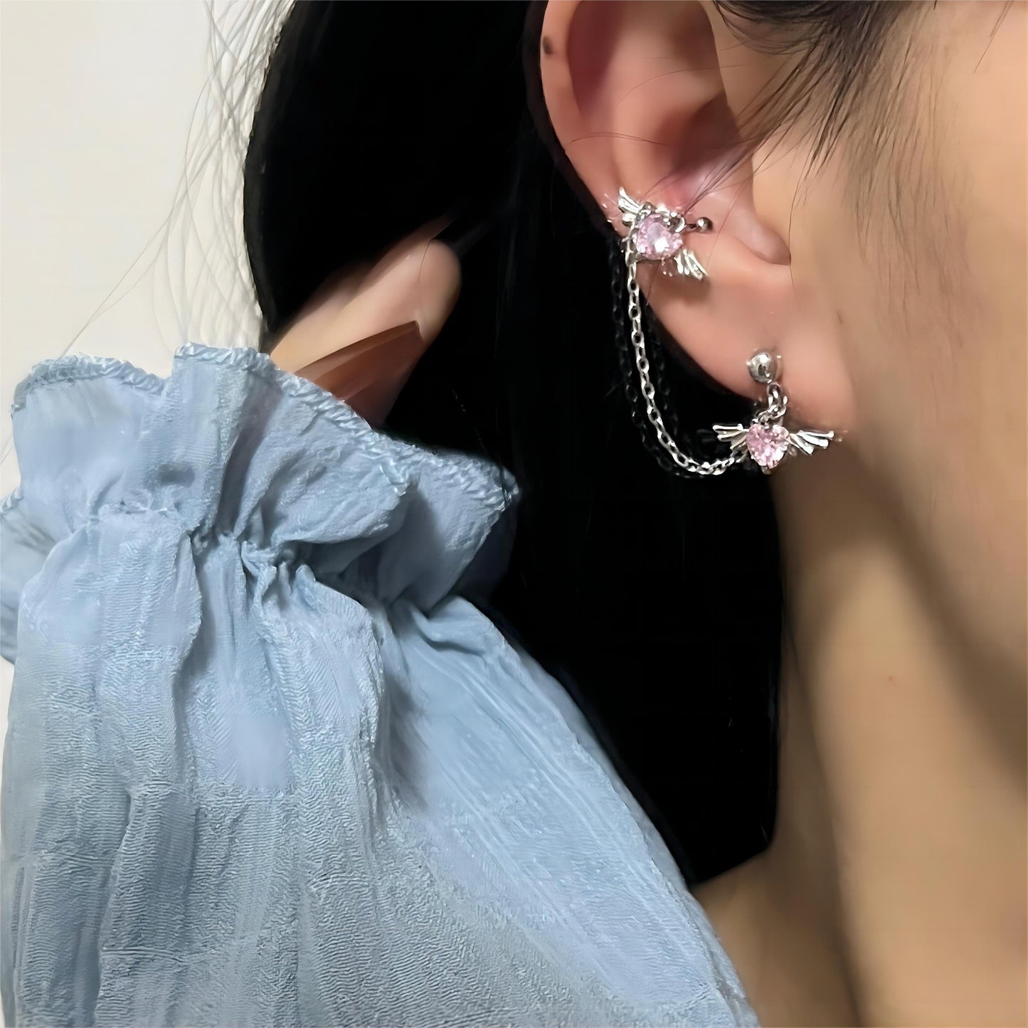 Gorgeous Heart Angel Wings Ear Cuff Stud Chain Earrings