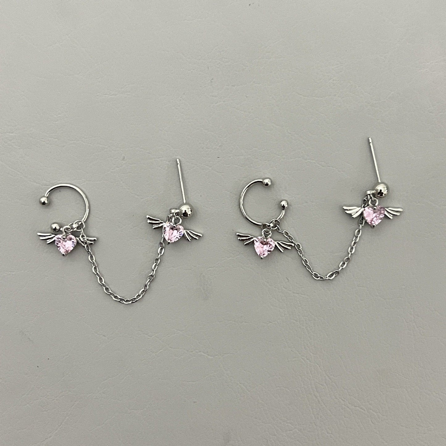 Gorgeous Heart Angel Wings Ear Cuff Stud Chain Earrings