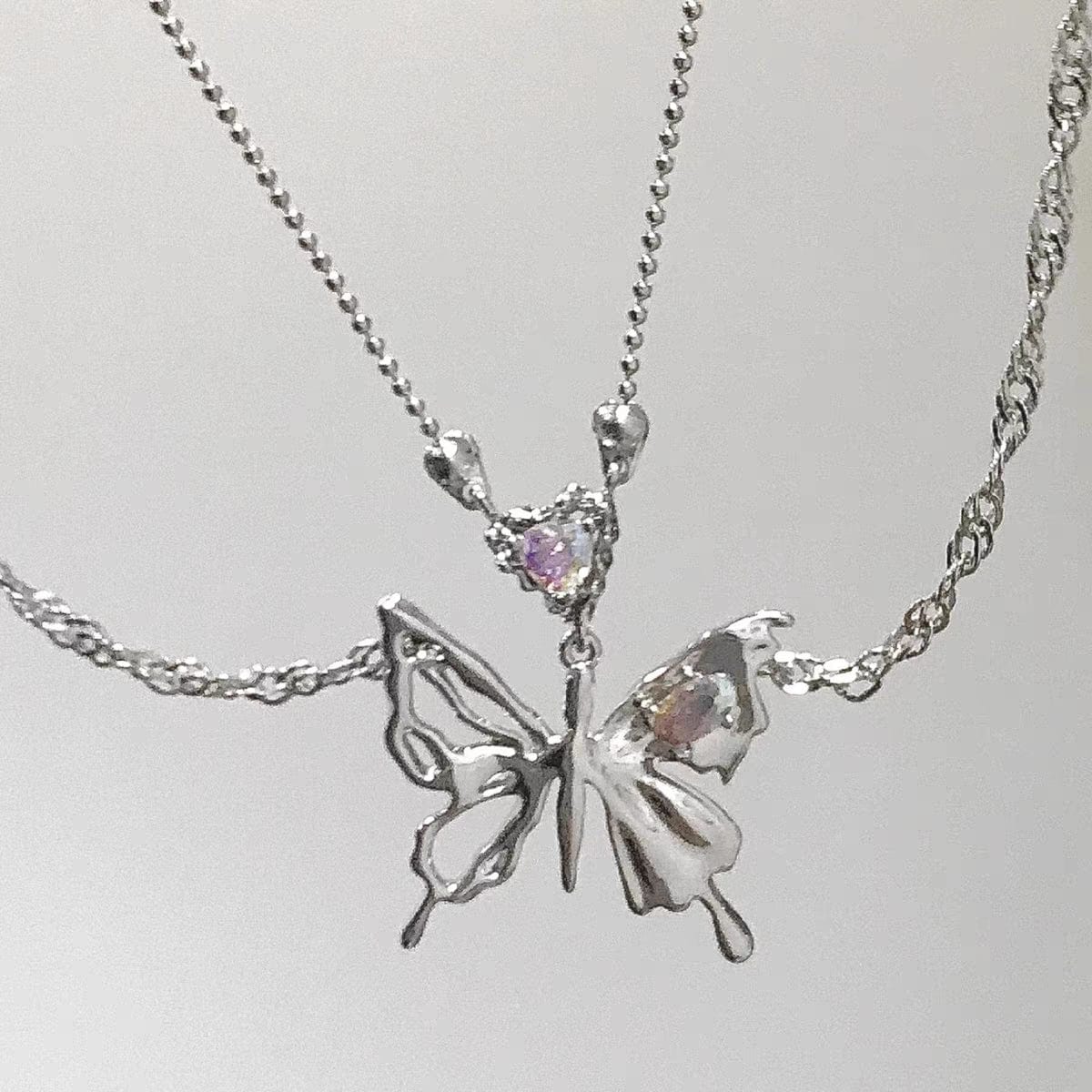 Chic Layered Antique Silver Butterfly Necklace