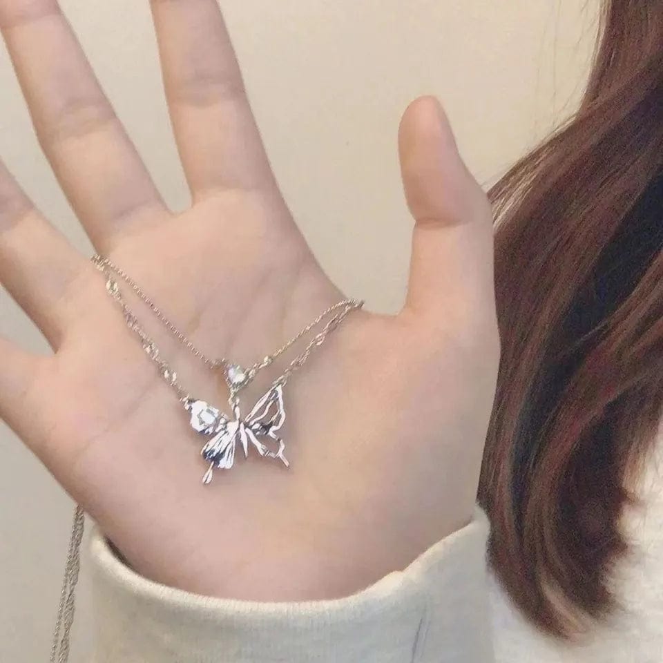 Chic Layered Antique Silver Butterfly Necklace