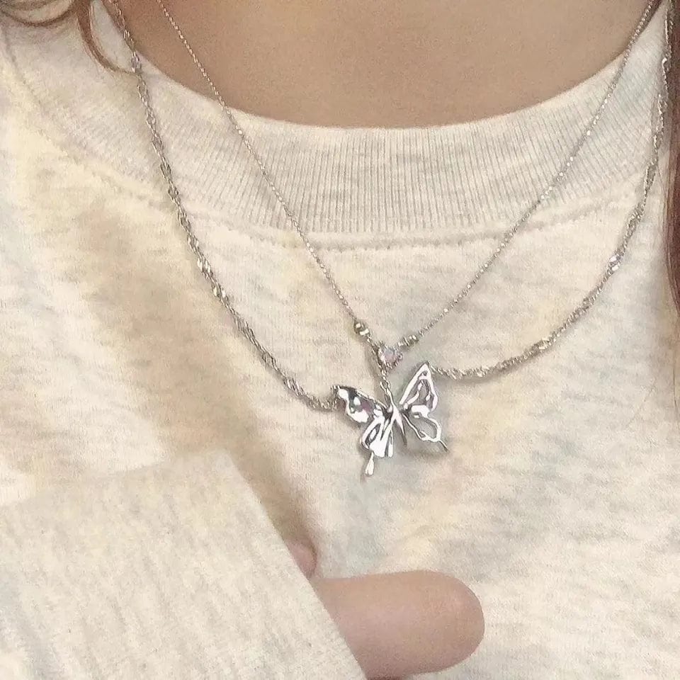Chic Layered Antique Silver Butterfly Necklace