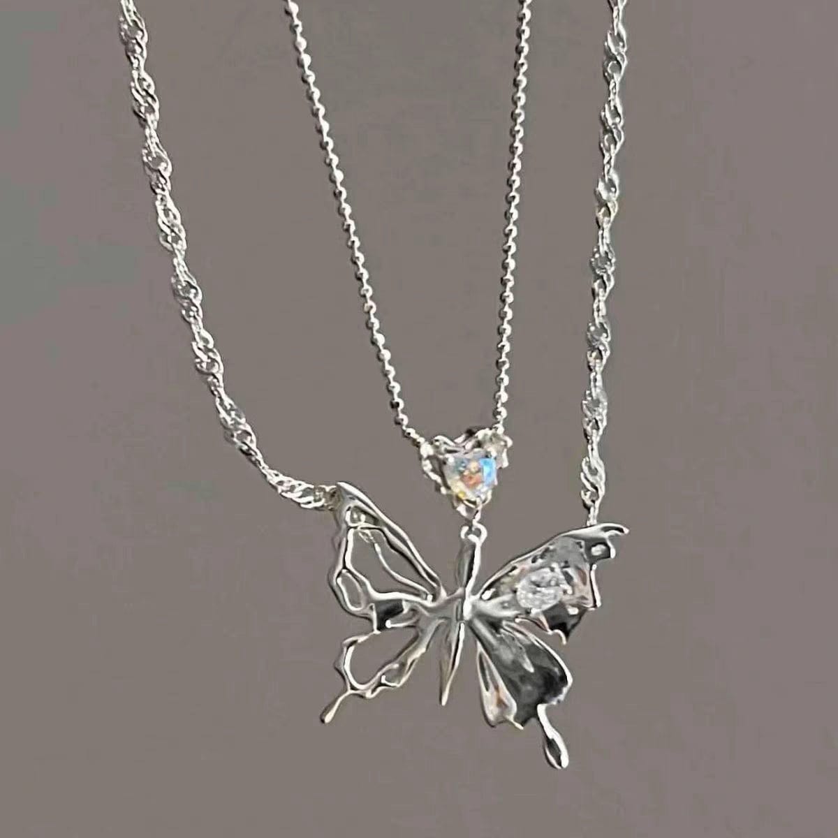 Chic Layered Antique Silver Butterfly Necklace