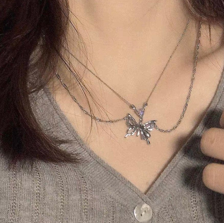 Chic Layered Antique Silver Butterfly Necklace