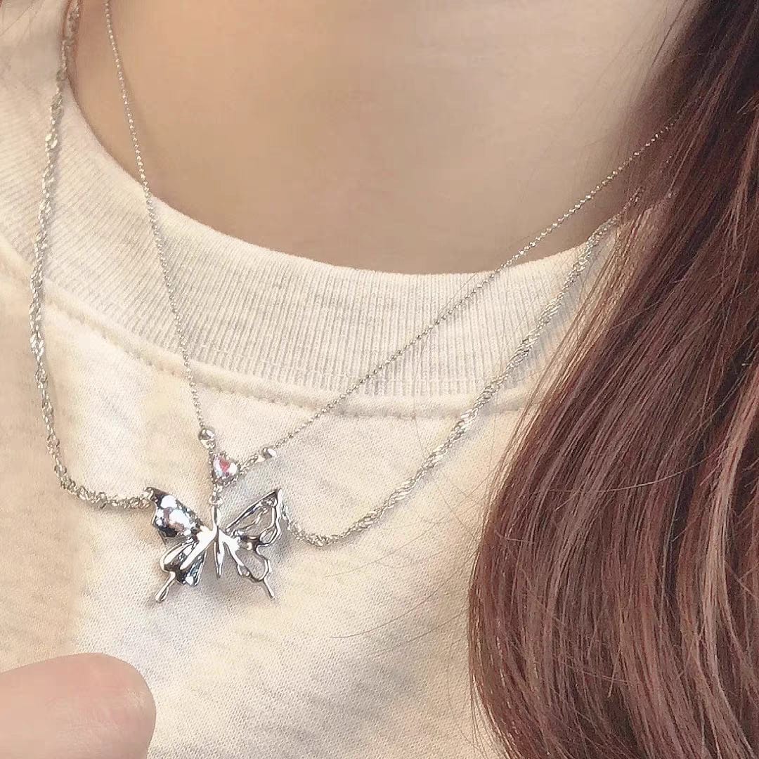 Chic Layered Antique Silver Butterfly Necklace