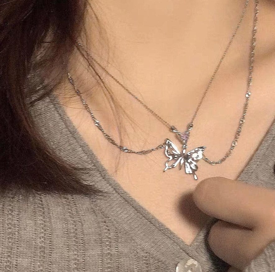 Chic Layered Antique Silver Butterfly Necklace