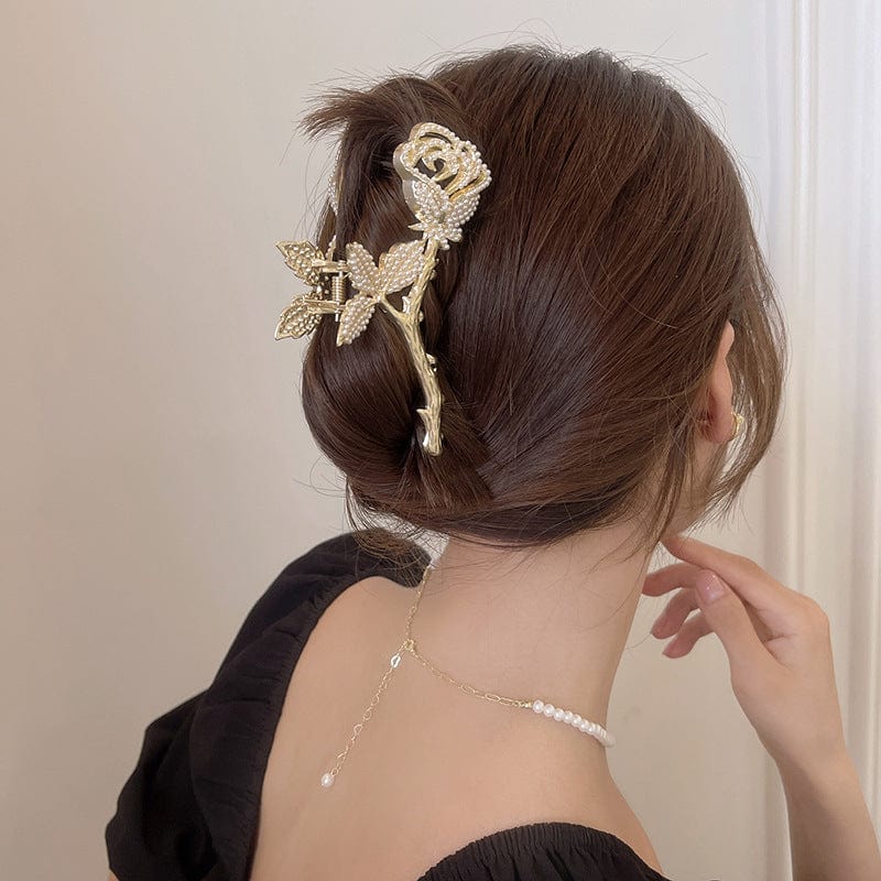 Elegant Pearl Rose Chignon Claw Clip Hair Clip