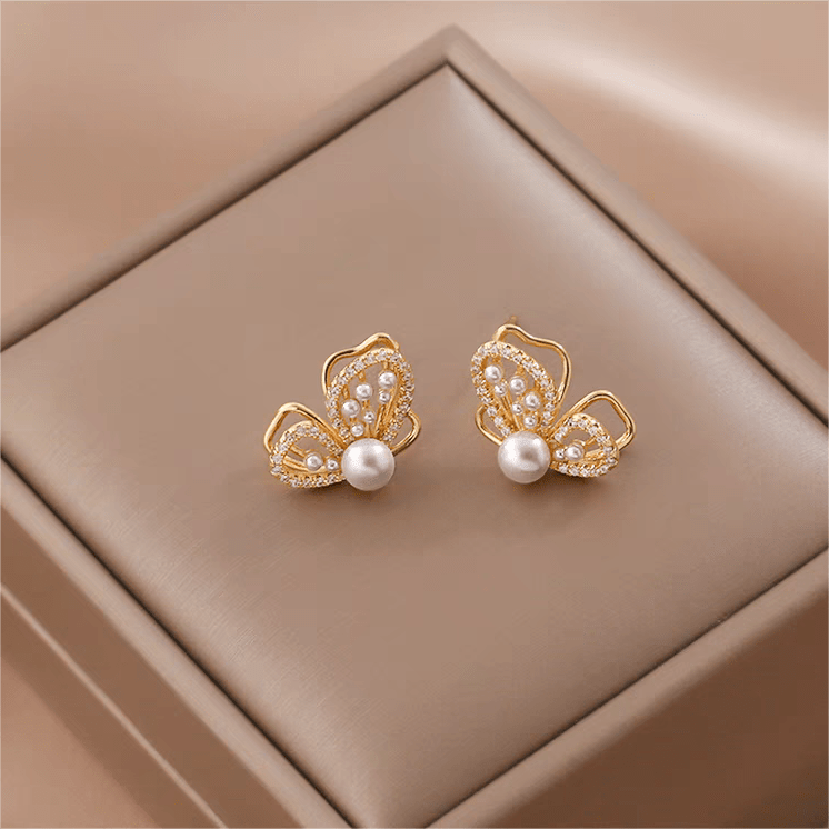 Gold Butterfly Pearl Earrings