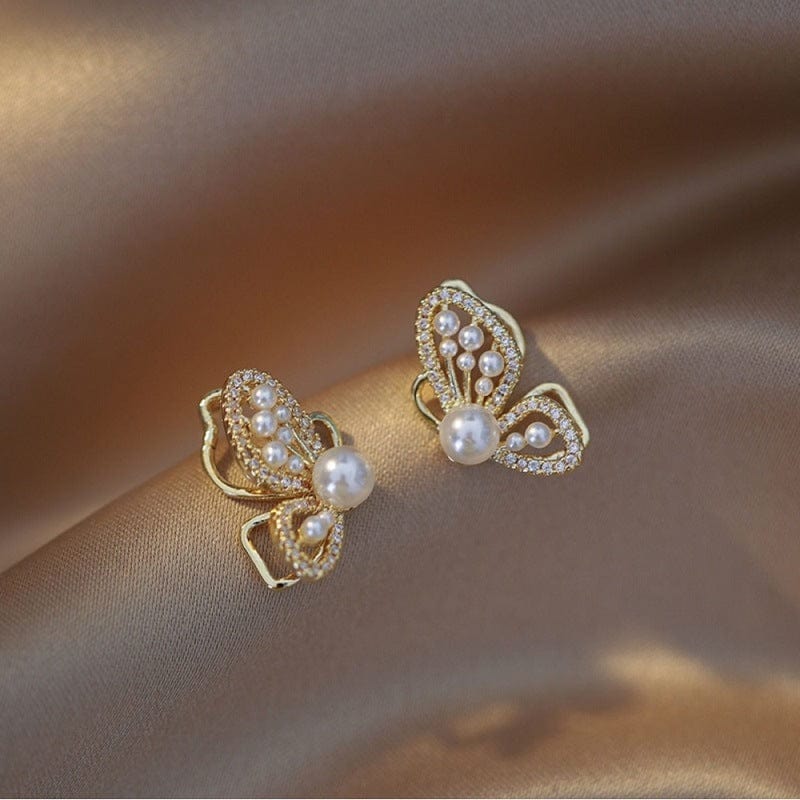 Gold Butterfly Pearl Earrings