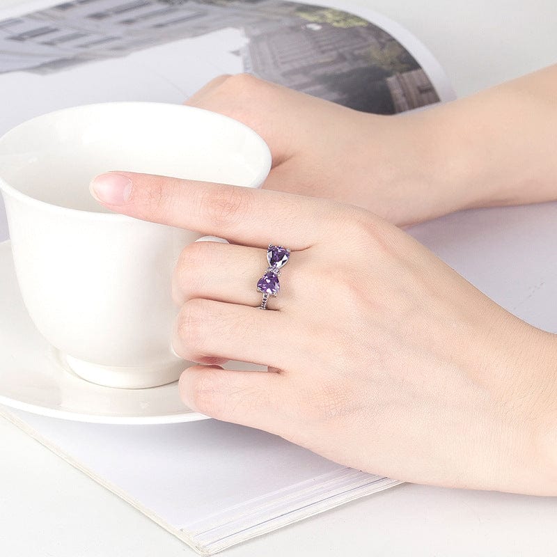 Sweet Colorful Crystal Heart Bowknot Ring