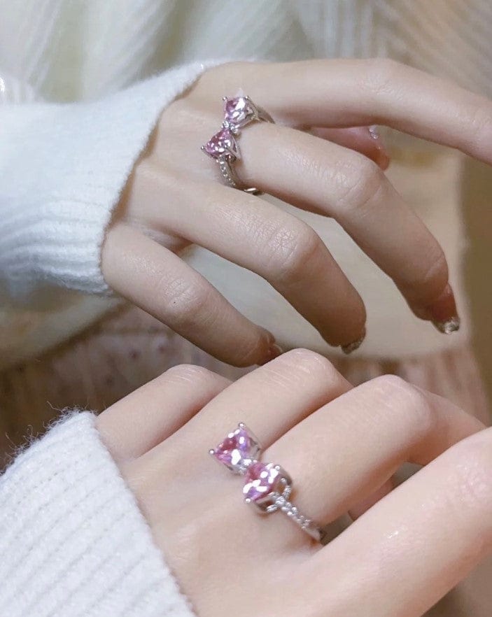 Sweet Colorful Crystal Heart Bowknot Ring