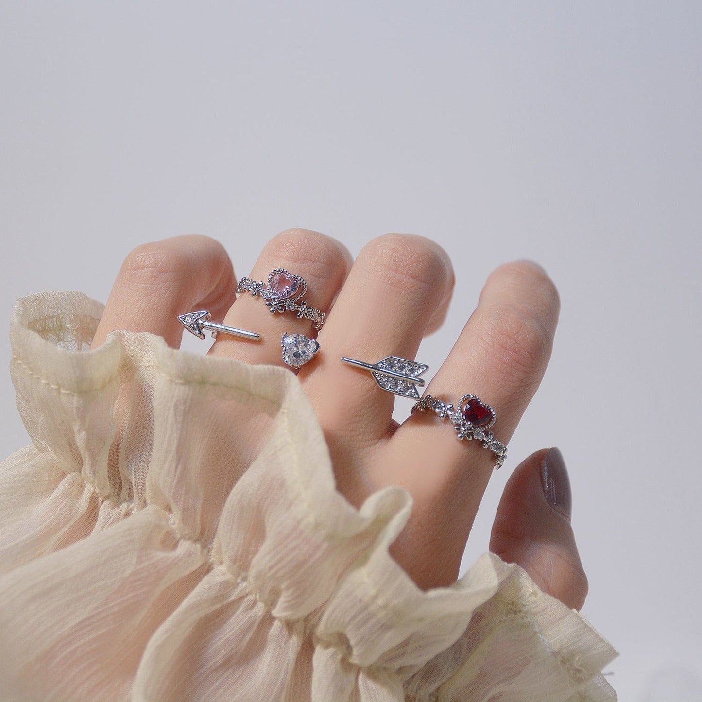 Crystal Heart Arrow Of Love Double Ring Floral Ring Set