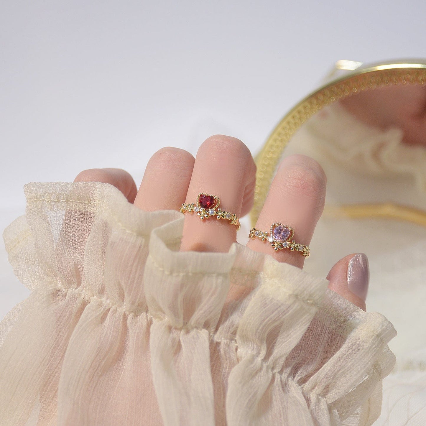 Crystal Heart Arrow Of Love Double Ring Floral Ring Set