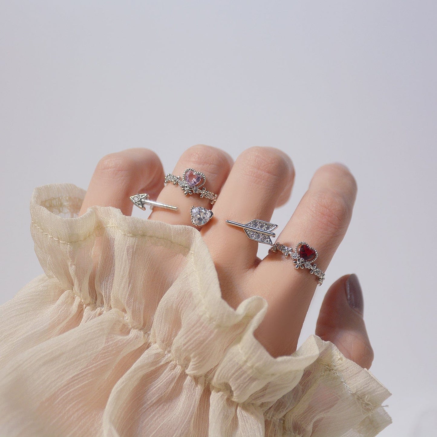 Crystal Heart Arrow Of Love Double Ring Floral Ring Set