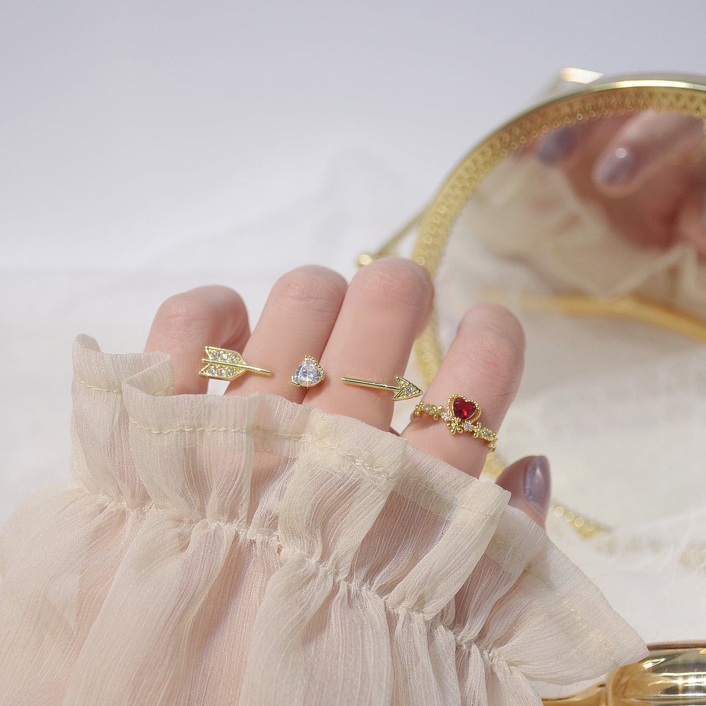 Crystal Heart Arrow Of Love Double Ring Floral Ring Set