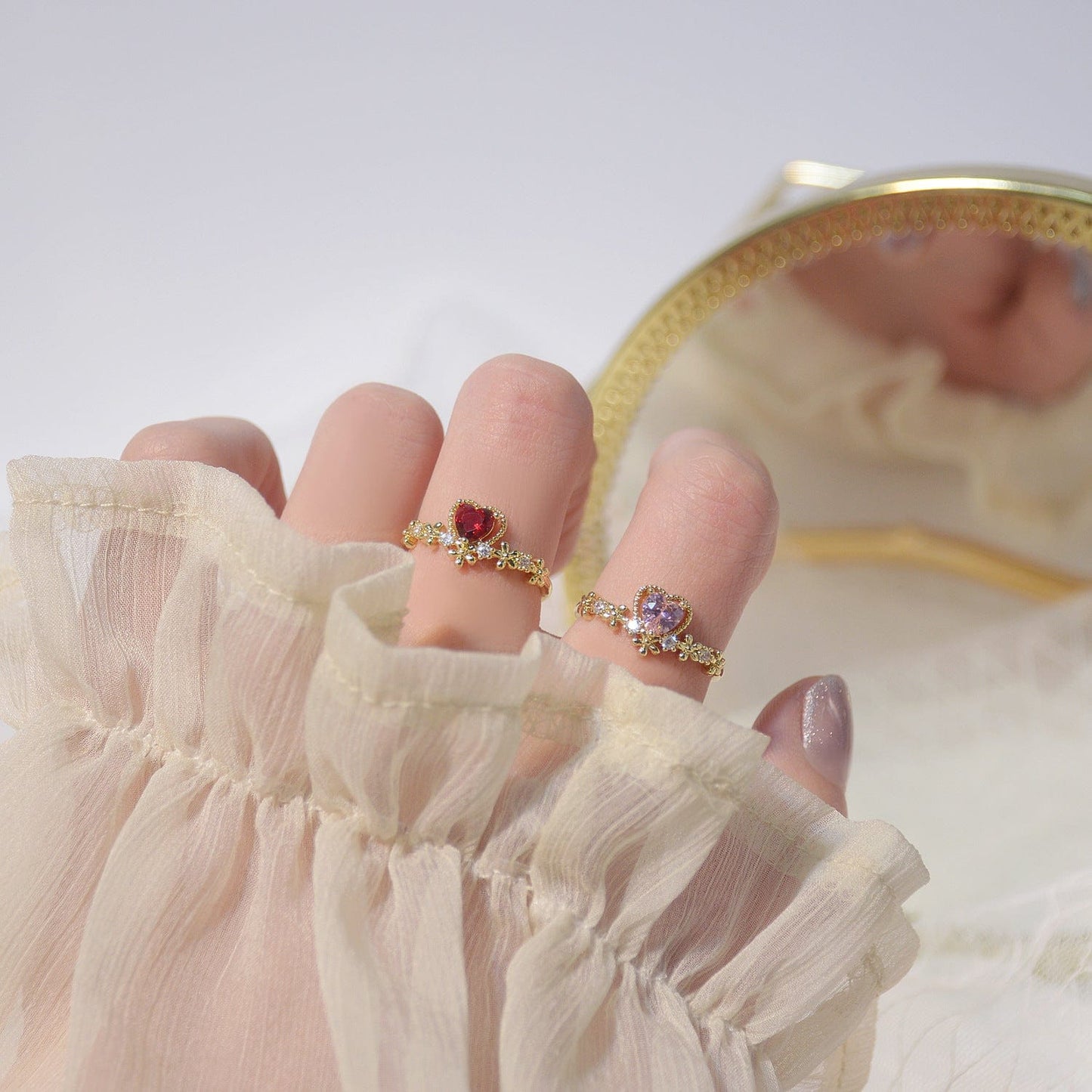 Crystal Heart Arrow Of Love Double Ring Floral Ring Set