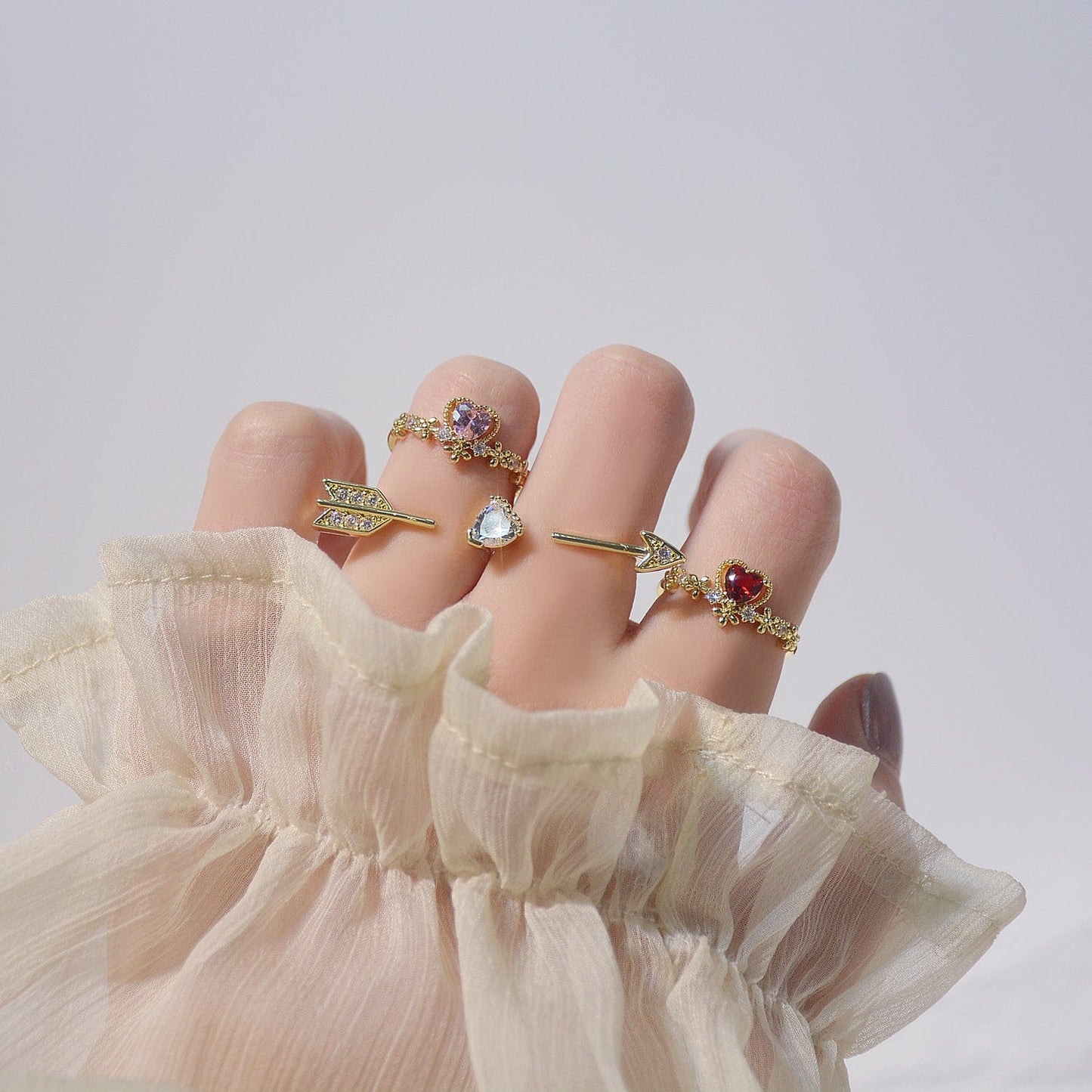 Crystal Heart Arrow Of Love Double Ring Floral Ring Set