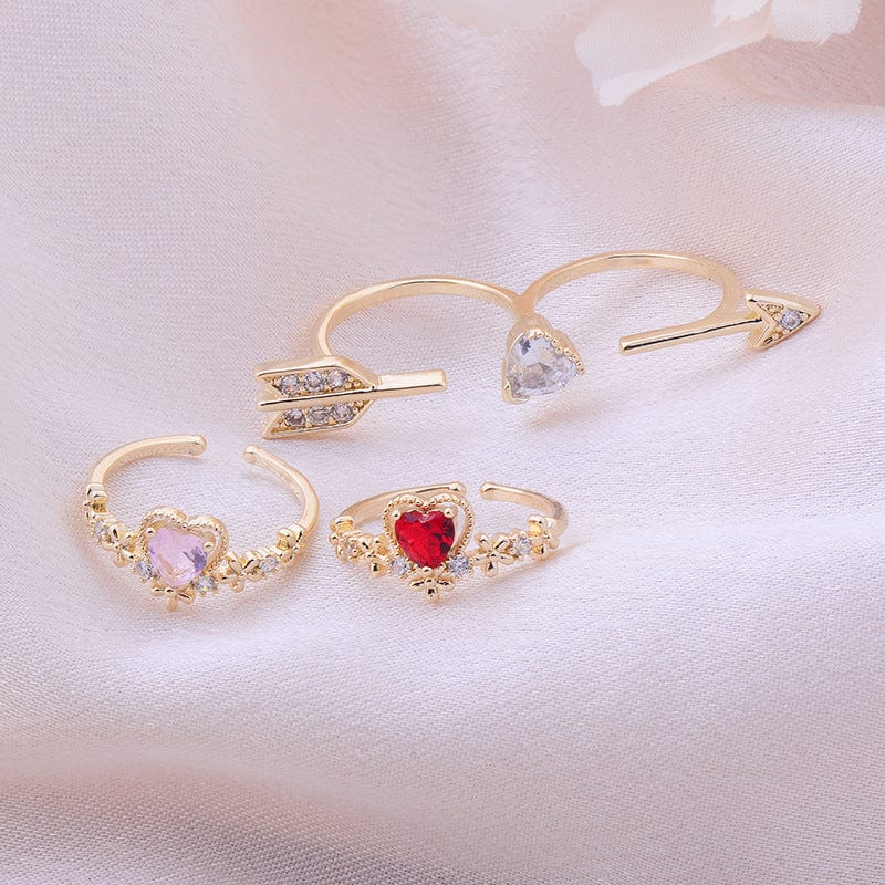 Crystal Heart Arrow Of Love Double Ring Floral Ring Set