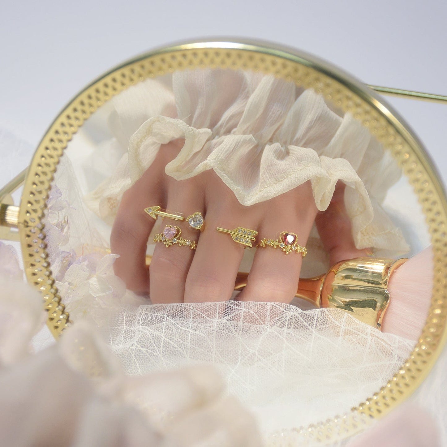 Crystal Heart Arrow Of Love Double Ring Floral Ring Set
