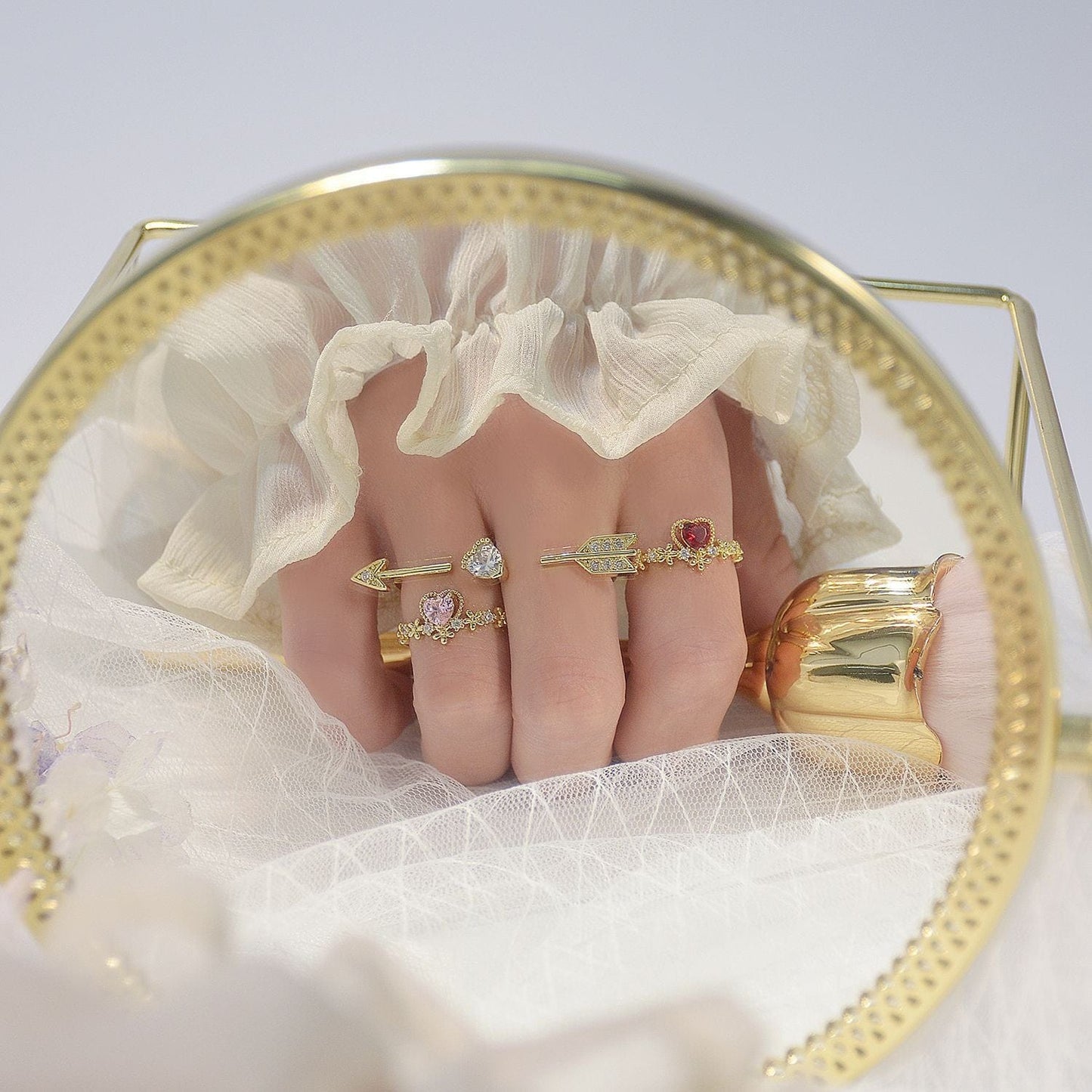 Crystal Heart Arrow Of Love Double Ring Floral Ring Set