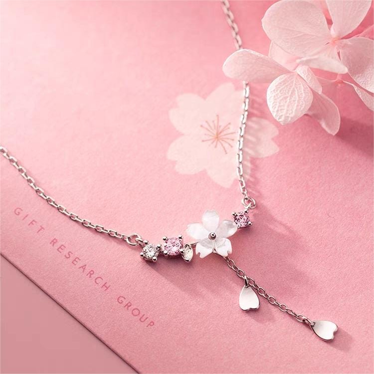 Sweet Heart Tassel Cherry Blossom Necklace