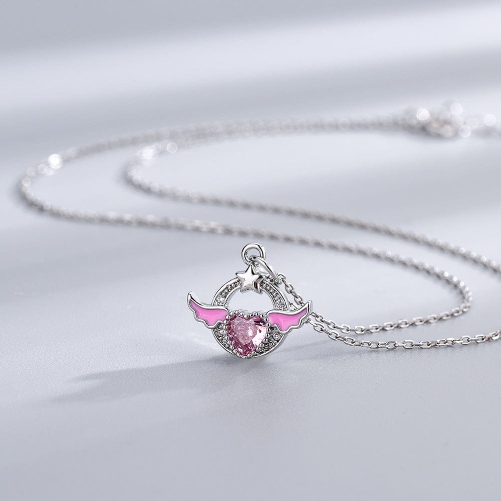 Sweet Pink Crystal Angel Heart Wings Necklace