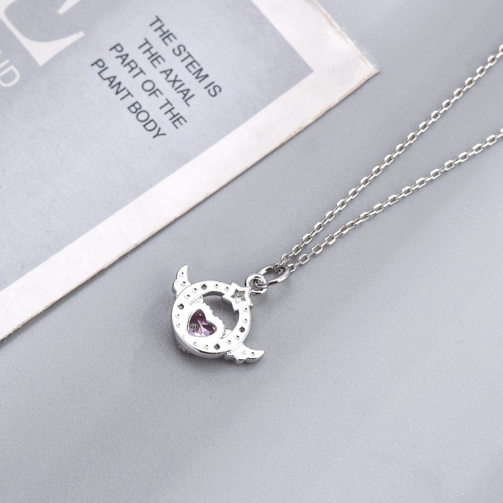 Sweet Pink Crystal Angel Heart Wings Necklace