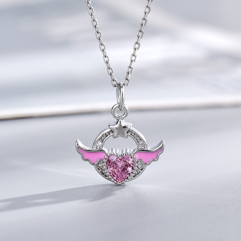 Sweet Pink Crystal Angel Heart Wings Necklace