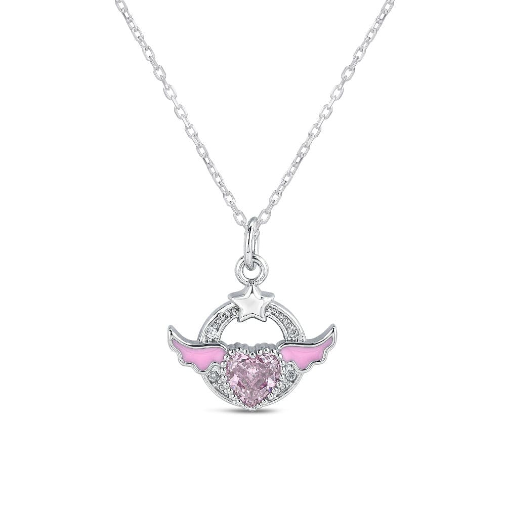 Sweet Pink Crystal Angel Heart Wings Necklace