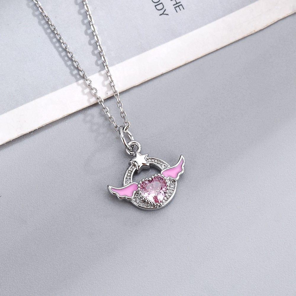 Sweet Pink Crystal Angel Heart Wings Necklace