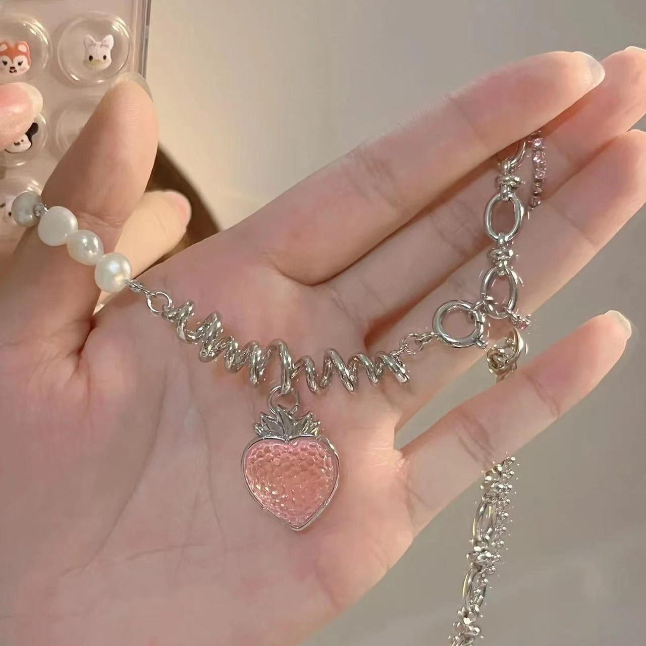 Chic Pink Strawberry Pendant Pearl Chain Choker Necklace