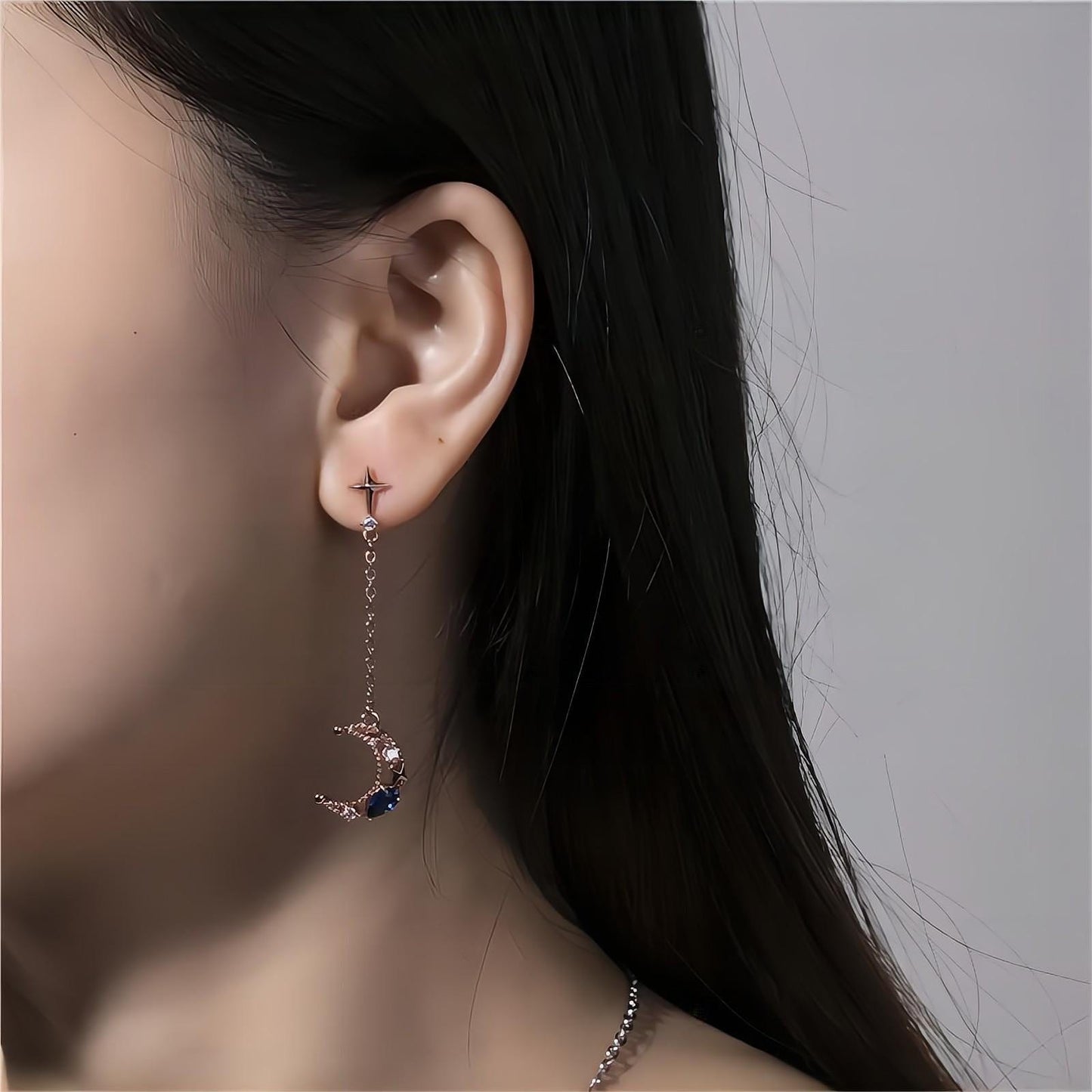 Boucles d'oreilles pendantes en forme d'étoile et de phase de lune en strass