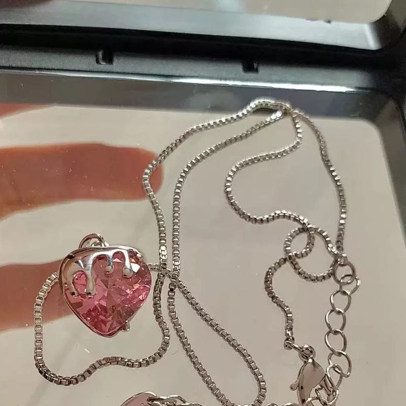 Sweet Diamond Cut Pink Crystal Heart Pendant Necklace