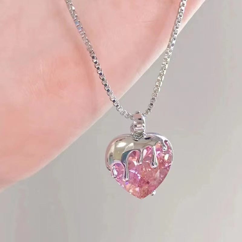 Sweet Diamond Cut Pink Crystal Heart Pendant Necklace