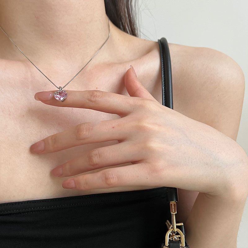 Sweet Diamond Cut Pink Crystal Heart Pendant Necklace