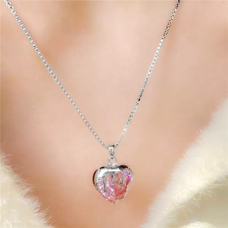 Sweet Diamond Cut Pink Crystal Heart Pendant Necklace