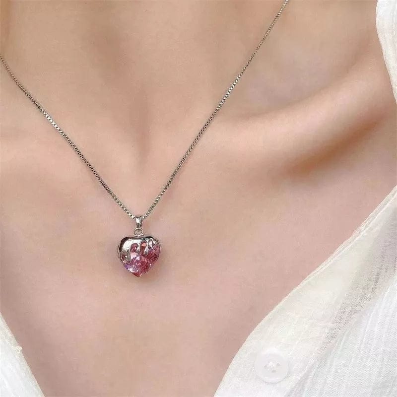 Sweet Diamond Cut Pink Crystal Heart Pendant Necklace