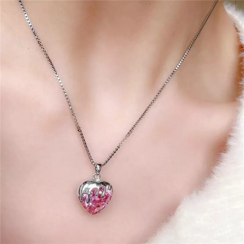 Sweet Diamond Cut Pink Crystal Heart Pendant Necklace