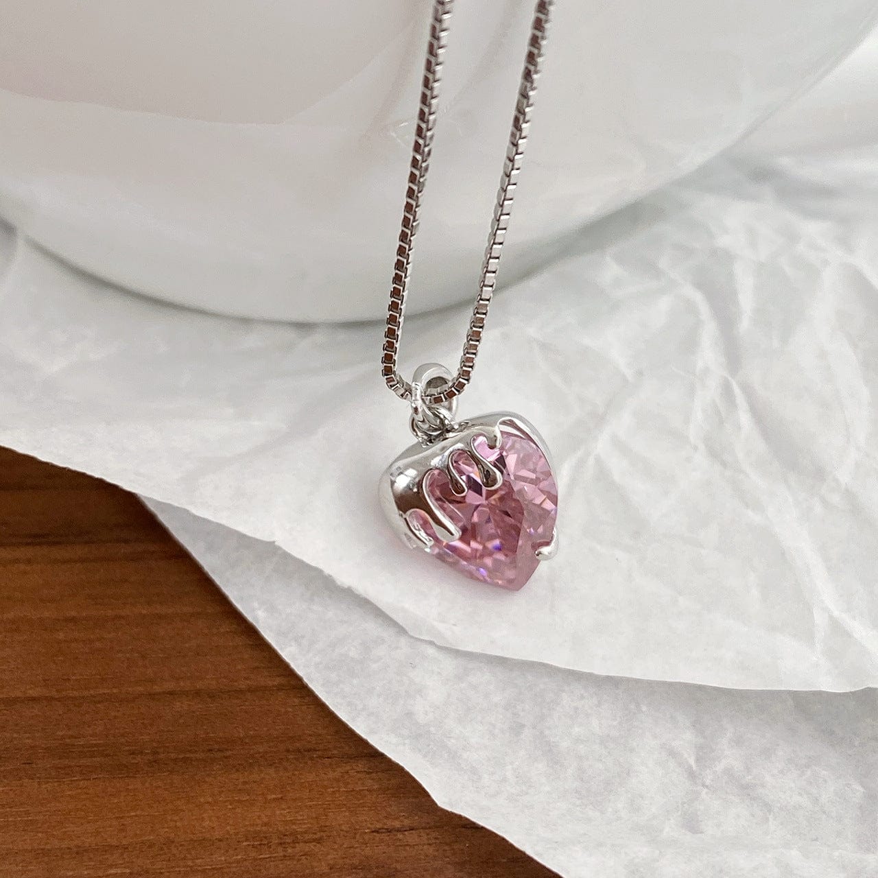Sweet Diamond Cut Pink Crystal Heart Pendant Necklace