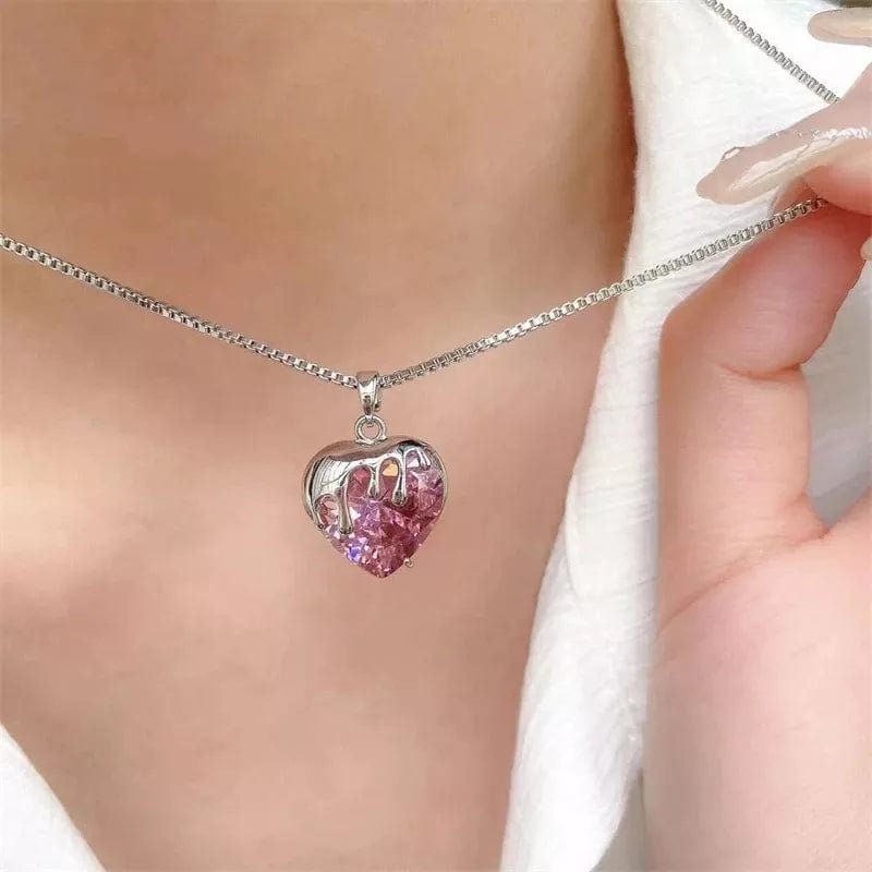 Sweet Diamond Cut Pink Crystal Heart Pendant Necklace
