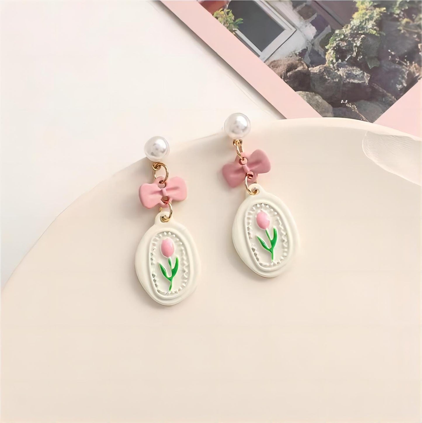 Sweet Bow Pink Tulip Earrings