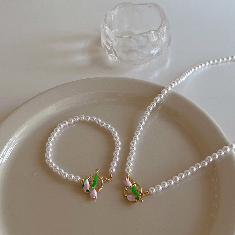 Tulpenperlenkette Choker Halskette Armband Set