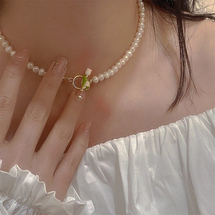 Tulpenperlenkette Choker Halskette Armband Set