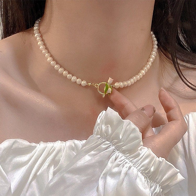 Tulpenperlenkette Choker Halskette Armband Set