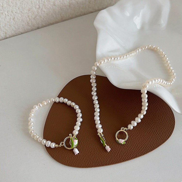 Tulpenperlenkette Choker Halskette Armband Set